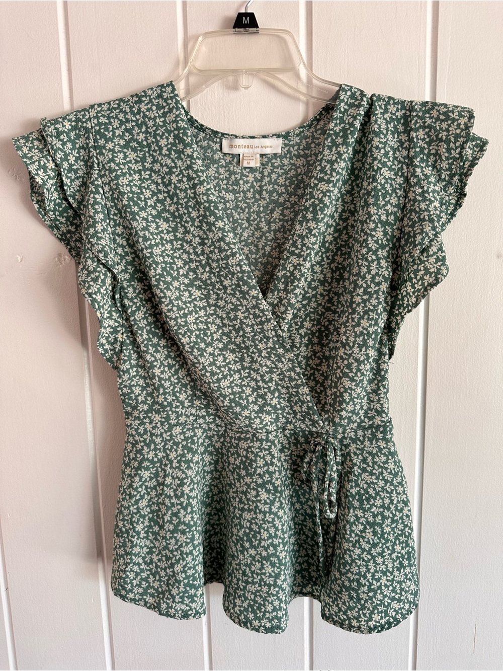 Monteau Green Floral Wrap Peplum Blouse